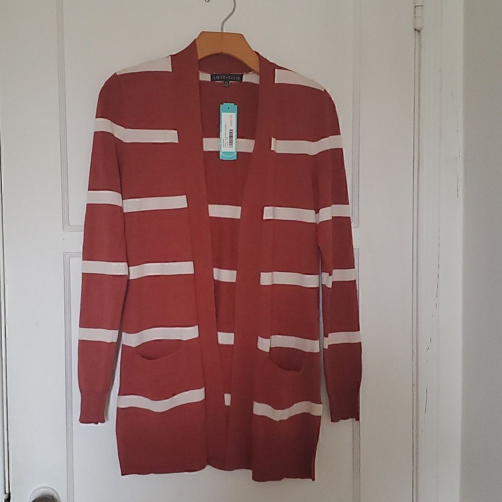 Love Ellie by Stitch Fix Neely Two Pocket Open Front Striped Cardigan Cognac XS